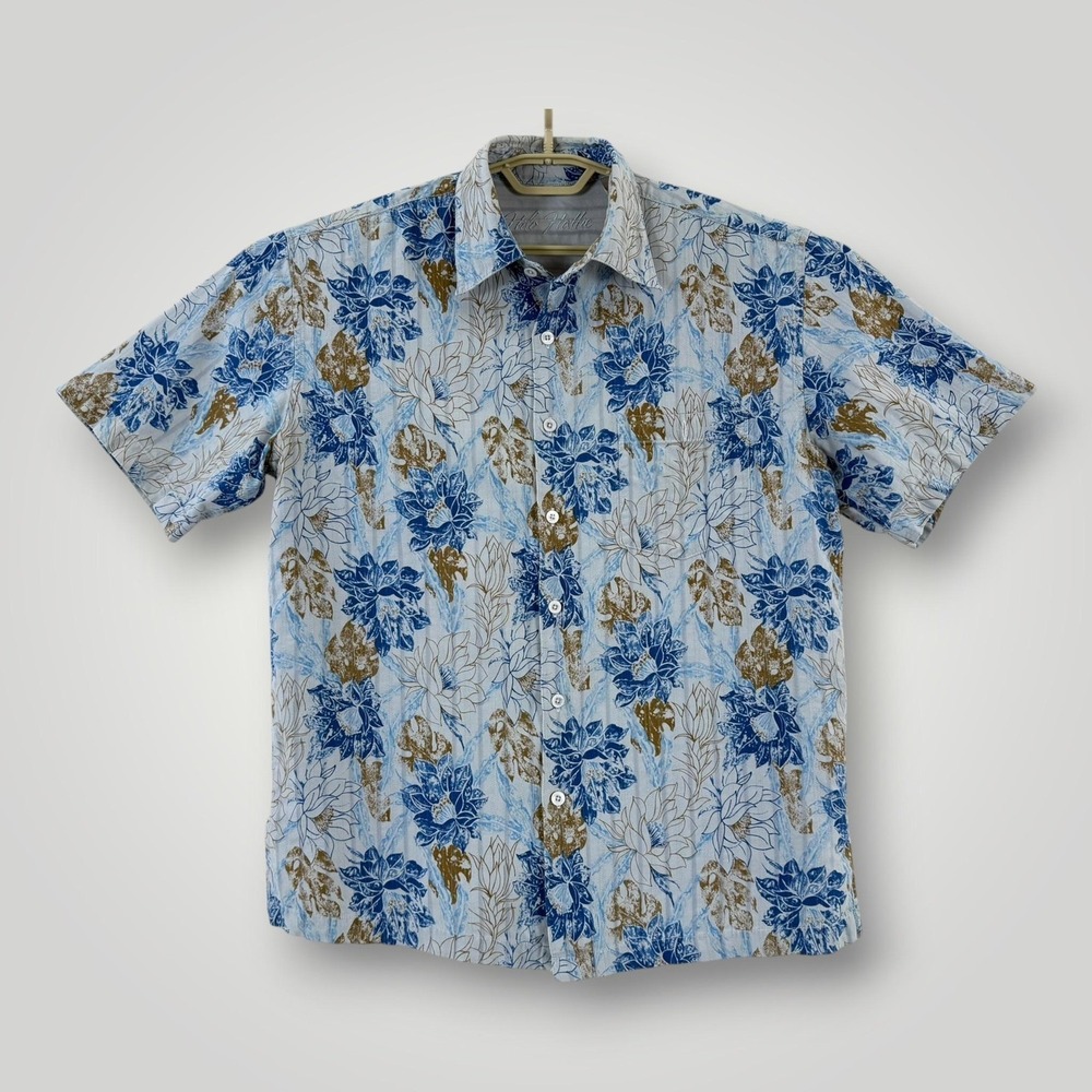 Hilo Hattie Mens M Blue Floral Hawaiian Silk Cotton Aloha Camp Shirt